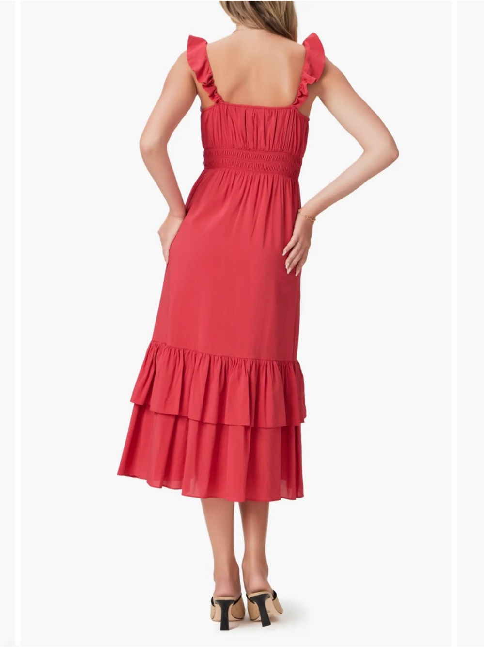 PAIGE Gisela Tiered Hem Midi Dress Red Strawberry Ruffle with Smocked Waist 12 - Picture 2 of 11